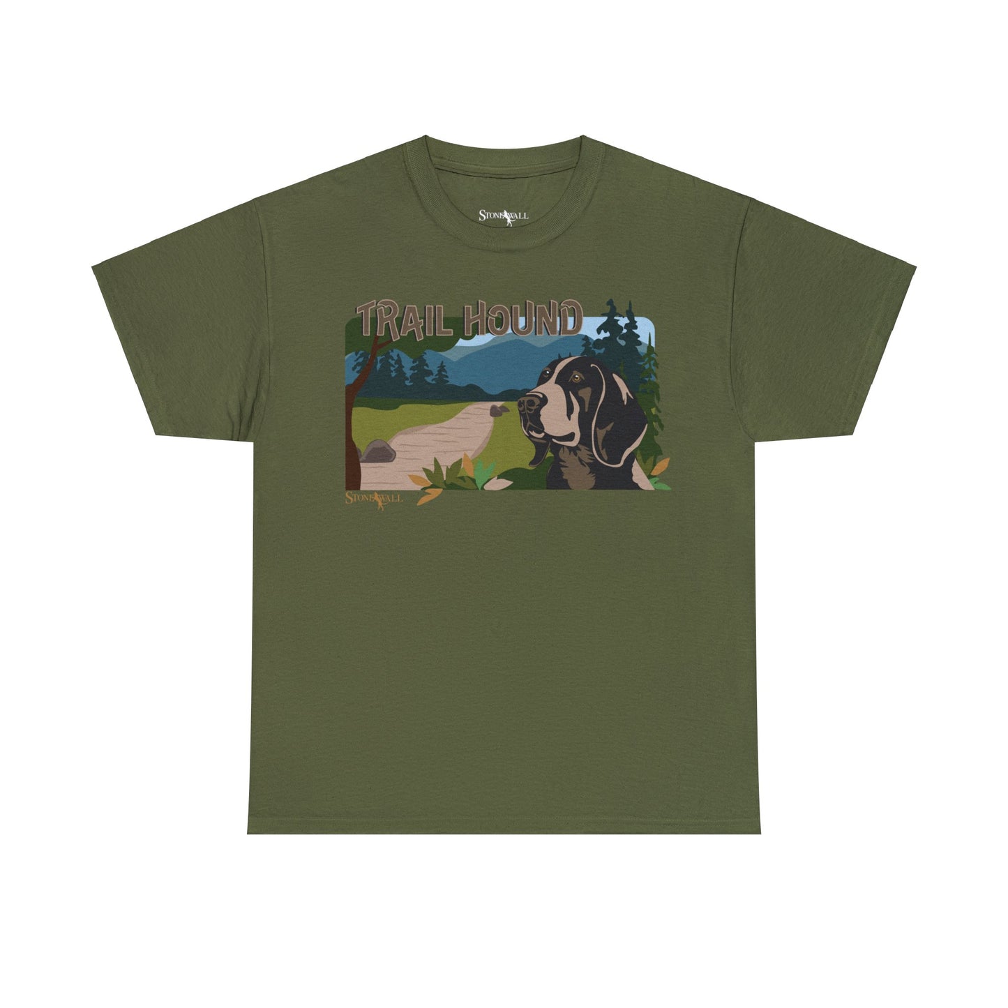 Trail Hound t-shirt featuring a hound dog on a hiking trail with trees and outdoor scenery