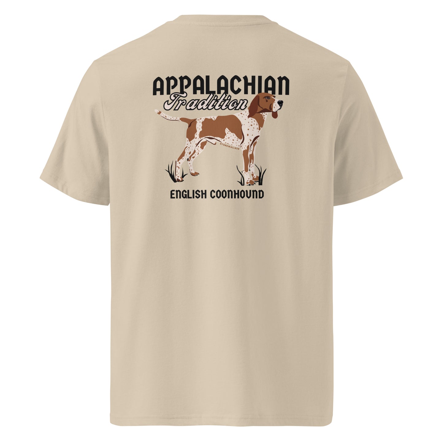 Product mockup, Featuring our signature Stonewall828 logo on the front and a proud English Coonhound on the back alongside the text "Appalachian Tradition," this tee pays tribute to a breed built for the tightest tracks and the steepest mountain ridges.