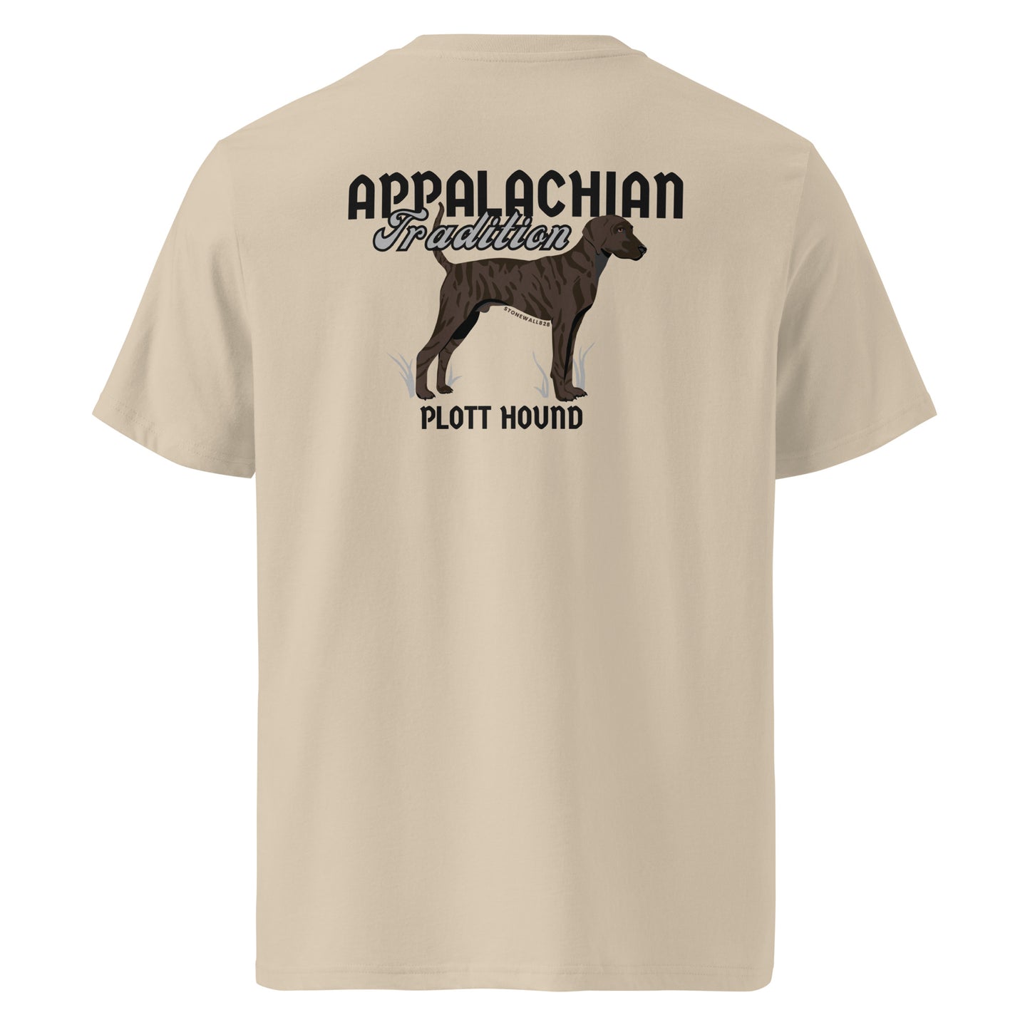 Product mockup, Featuring our signature Stonewall828 logo on the front and a powerful dark brindle Plott Hound on the back alongside the text "Appalachian Tradition," this tee pays homage to the official state dog of NC