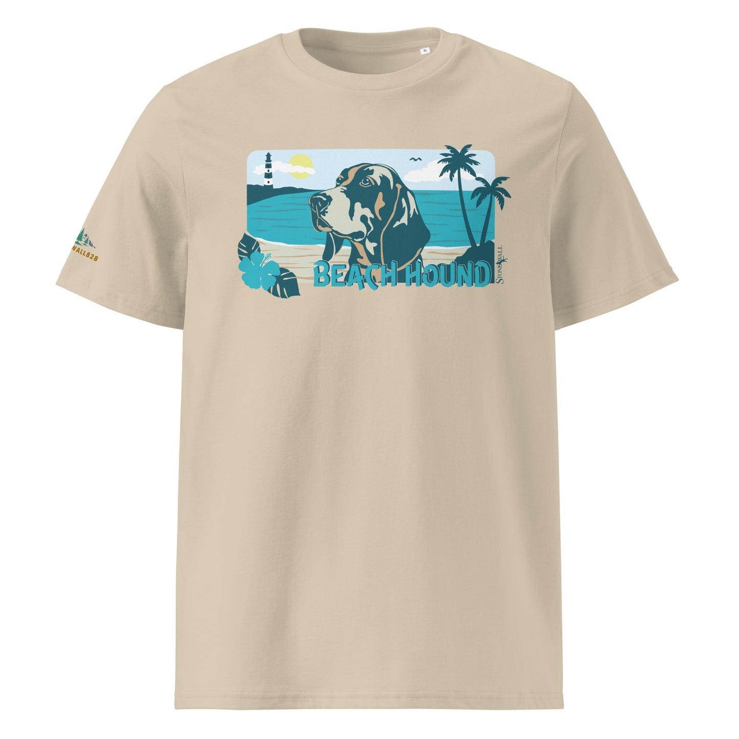 Product mockup, The Beach Hound Tee swaps out the steep ridges and thickets for sandy shores and salty breezes. Featuring a proud hound taking in the view on a sun-drenched beach, complete with rolling ocean waves and swaying palm trees in the background, this design is the ultimate blend of coastal relaxation and hound-dog pride.