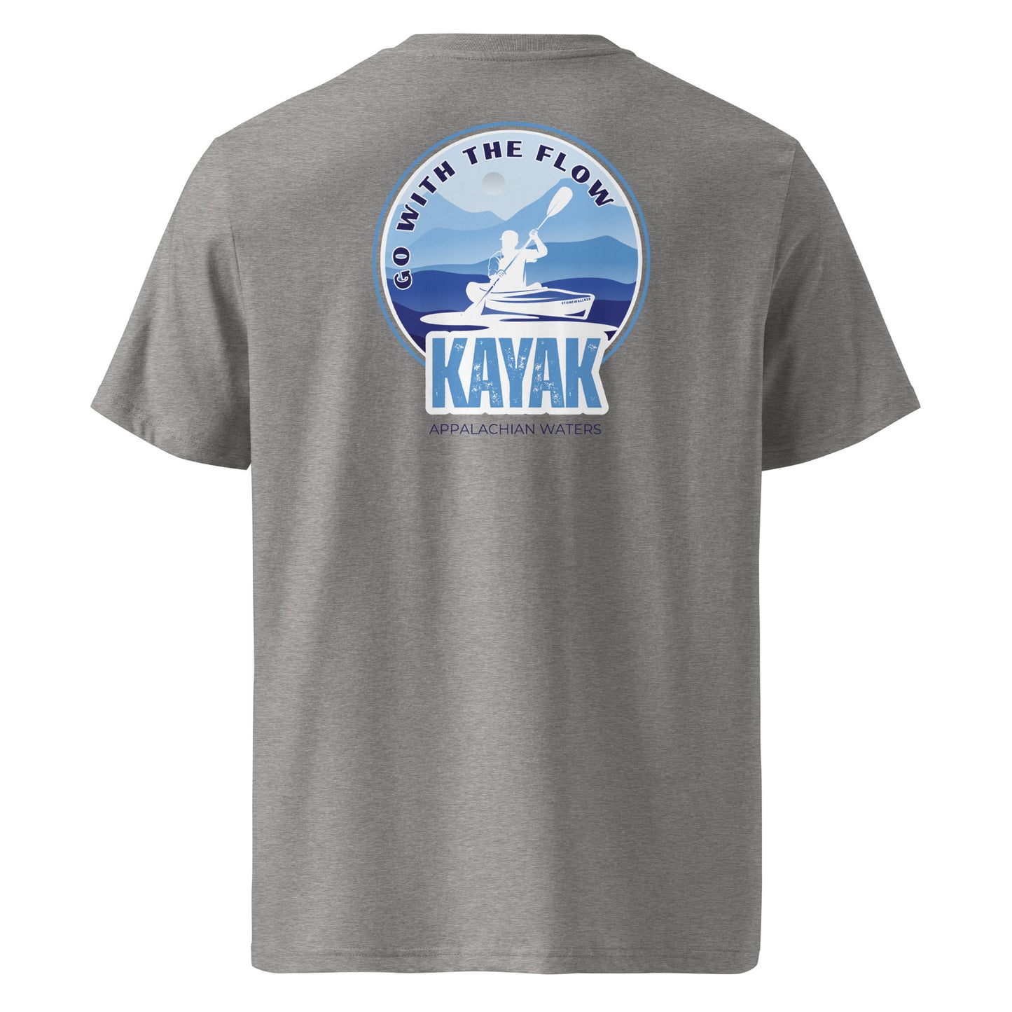 Product mockup. The front keeps it clean with our signature Stonewall828 logo over the chest. Flip it around, and the back design features a striking landscape of layered Appalachian mountain silhouettes rising above crisp blue waters, completed by the silhouette of a kayaker catching the rhythm of the river. Framed by the text "Go with the flow" and "Kayak Appalachian Waters," it’s a tribute to life on the river.