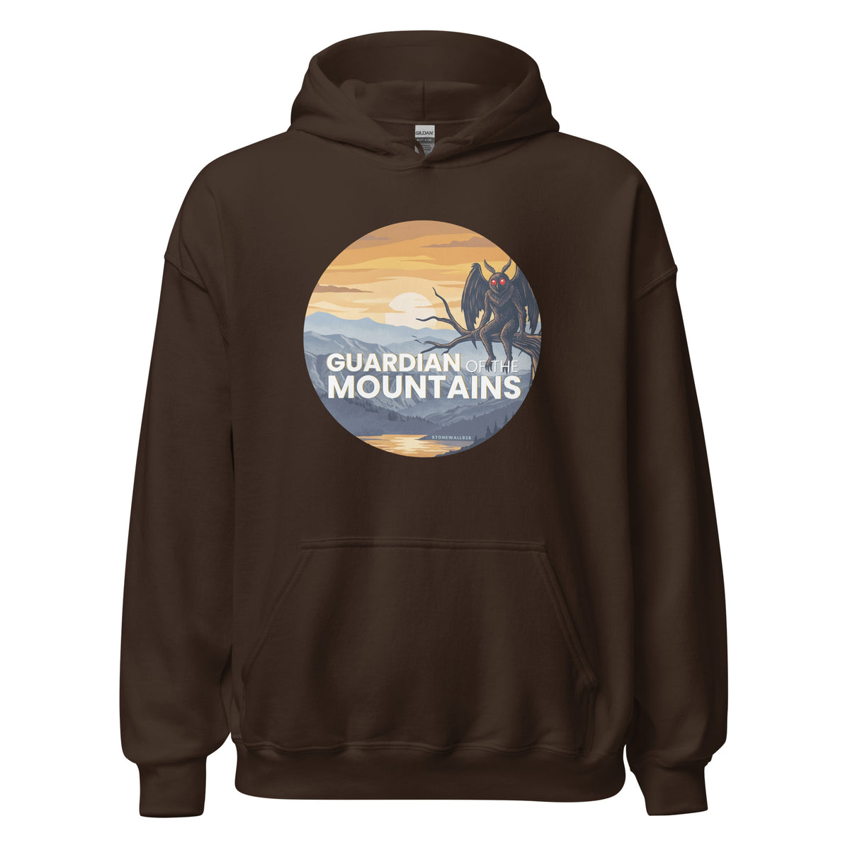 A dark brown pullover hoodie with a circular graphic on the chest depicting a mountain landscape at sunset with the text 'GUARDIAN OF MOUNTAINS'.