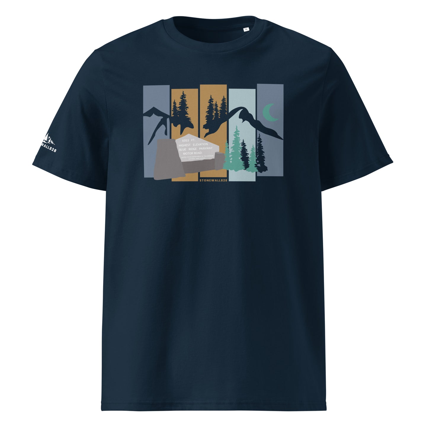 Product mockup for Richland Balsam Overlook Tee. Inspired by the highest elevation point on the Blue Ridge Parkway — Richland Balsam Overlook at 6,053 feet — this heritage graphic tee captures the feeling of standing above the clouds at Milepost 431.4 in Western North Carolina.