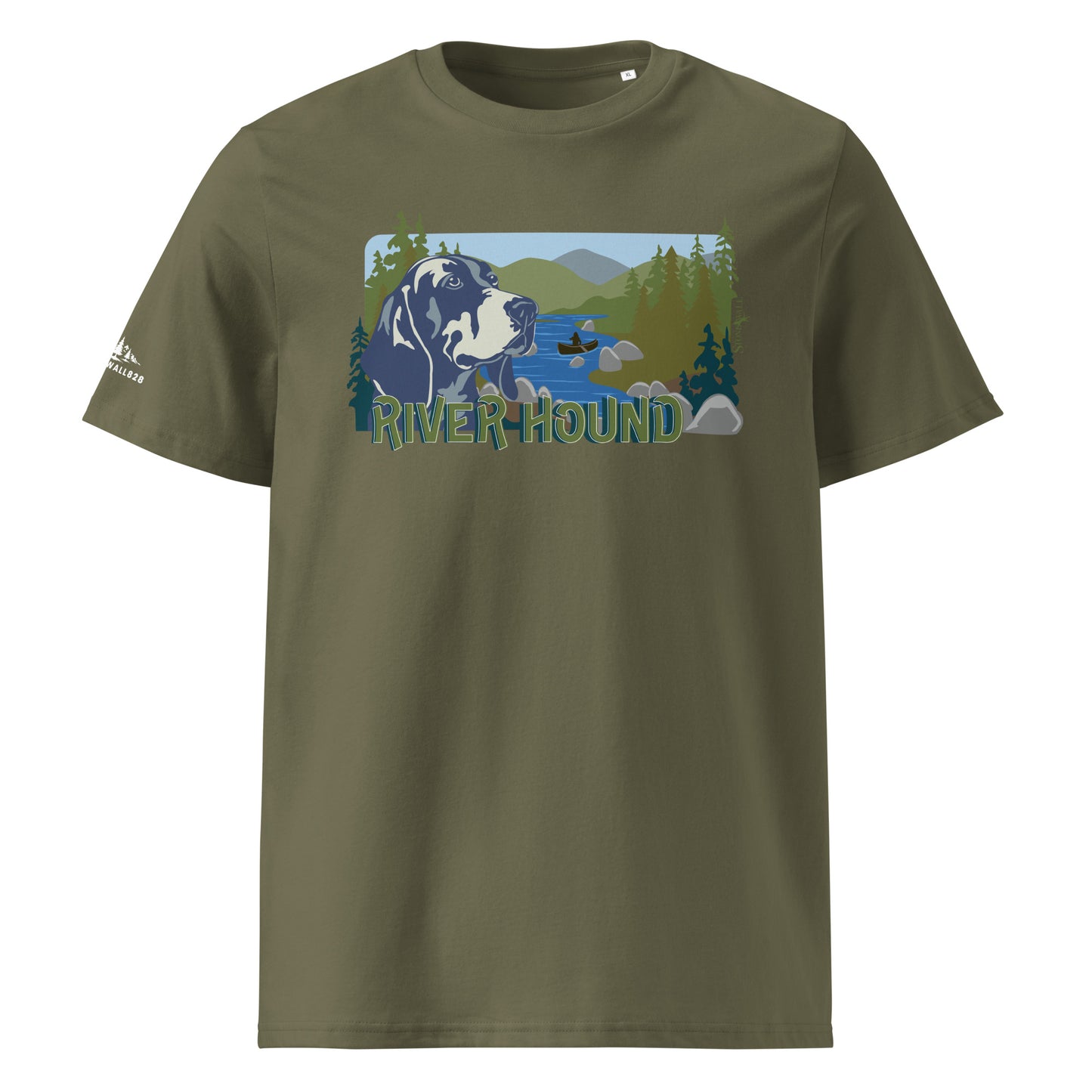 Product mockup, The River Hound Tee celebrates that classic, free-flowing Appalachian lifestyle. Featuring a sharp hound framed by a rushing mountain river, dense trees, and rolling blue ridges, the design is completed with the silhouette of a kayaker navigating the waters. It’s built for the outdoor enthusiasts who split their time between tracking the ridges and floating the waterways.