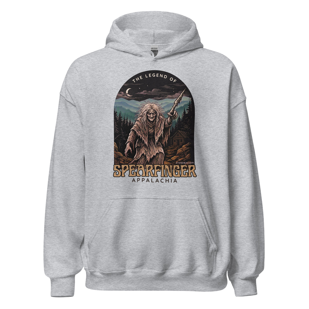 A light heather gray pullover hoodie featuring a large front graphic print of a wild woman holding a spear, with the text 'THE LEGEND OF SPEARFINGER APPALACHIA' on a plain white background.