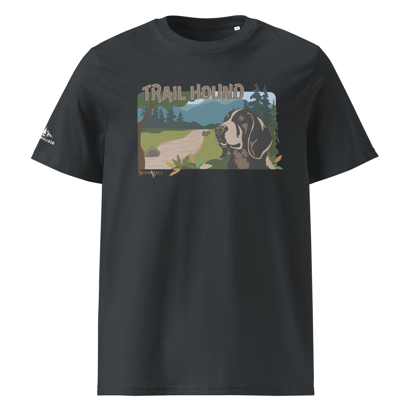 Product mockup, Featuring a proud hound framed by a winding mountain trail, towering pines, and the endless rolling blue ridges in the background, this design captures the pure freedom of a day spent in the backcountry.