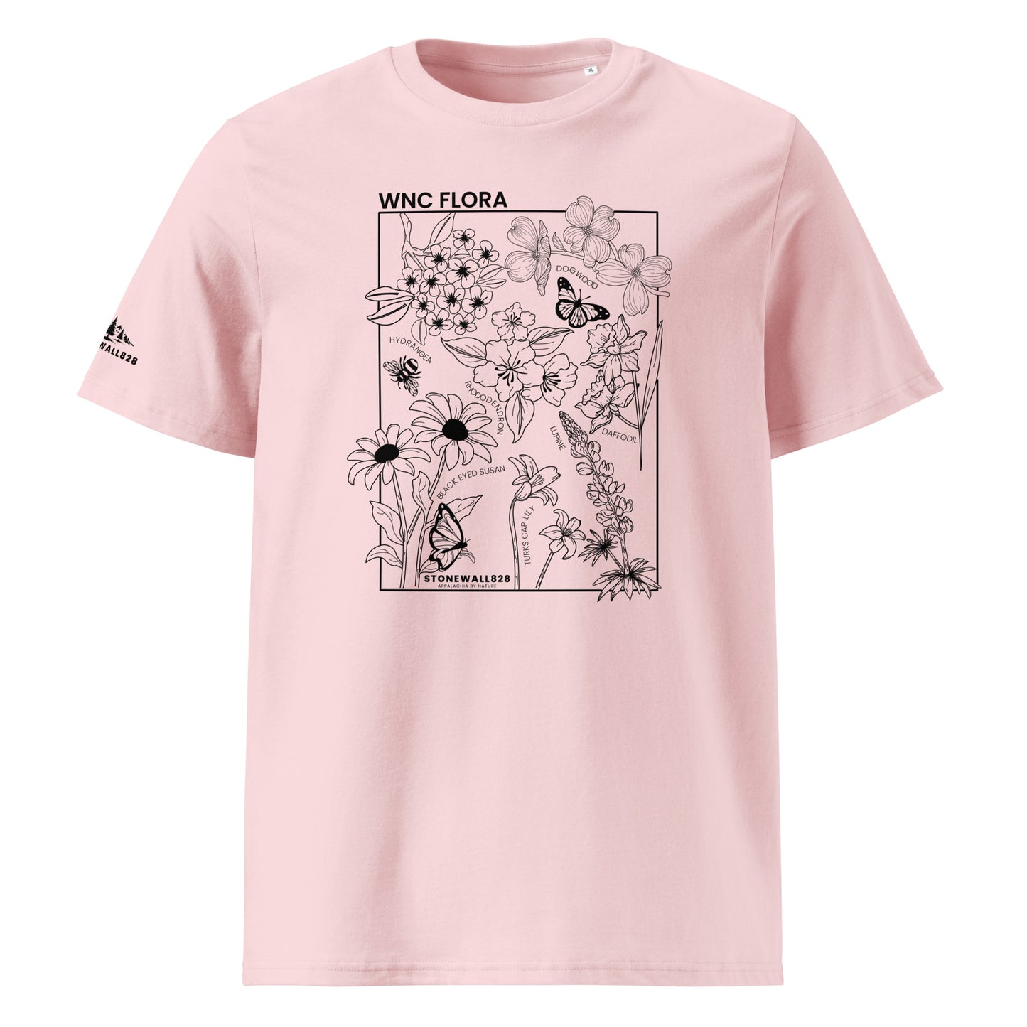 Product mockup. Inspired by the native wildflowers of Western North Carolina, this heritage graphic tee captures the quiet beauty of the Appalachian Mountains — from blooming trailsides to sun-lit forest clearings.