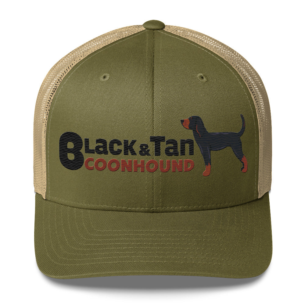 Black and Tan Coon Hound Trucker Hat- Embroidered Design