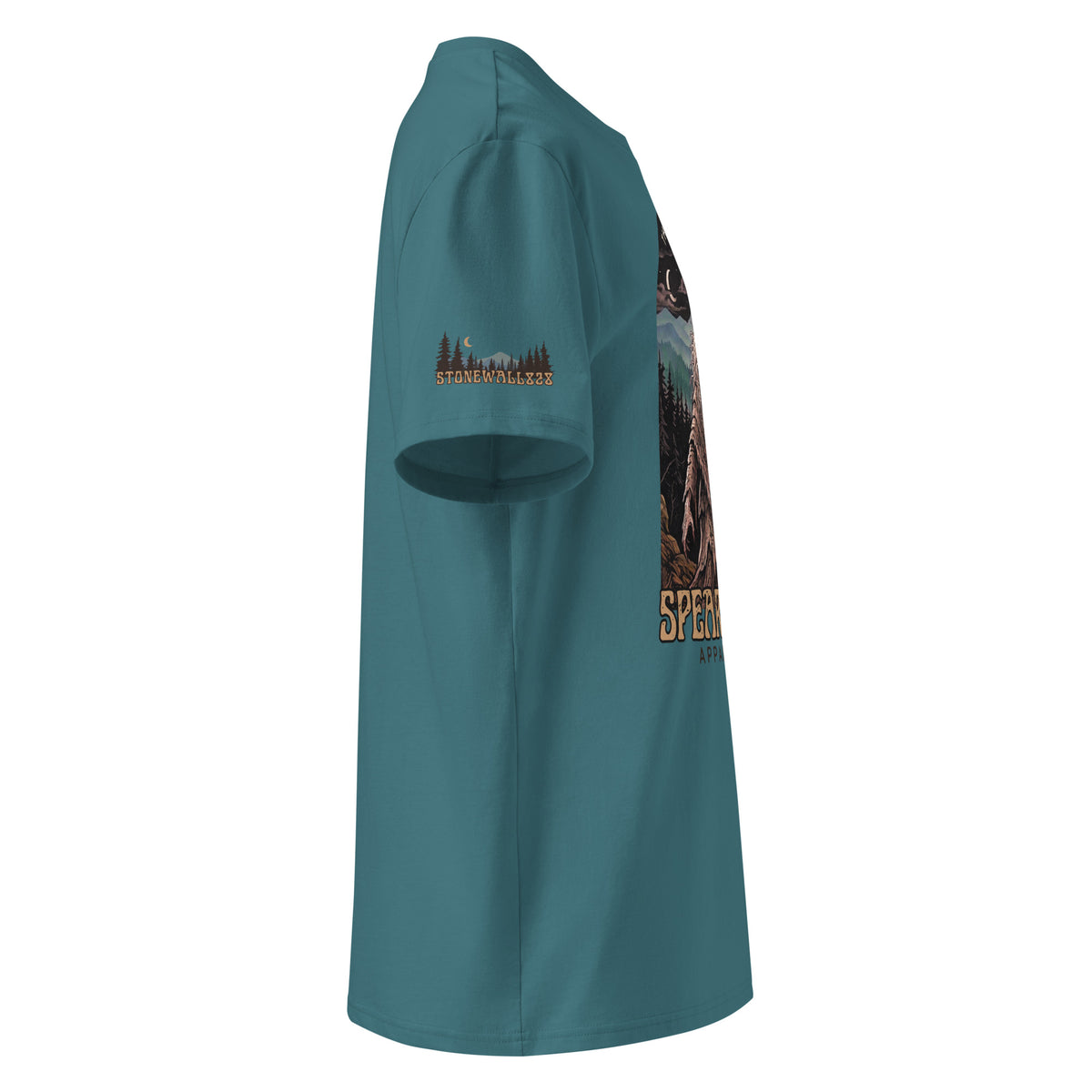 Teal t-shirt with a colorful logo on the sleeve against a white background