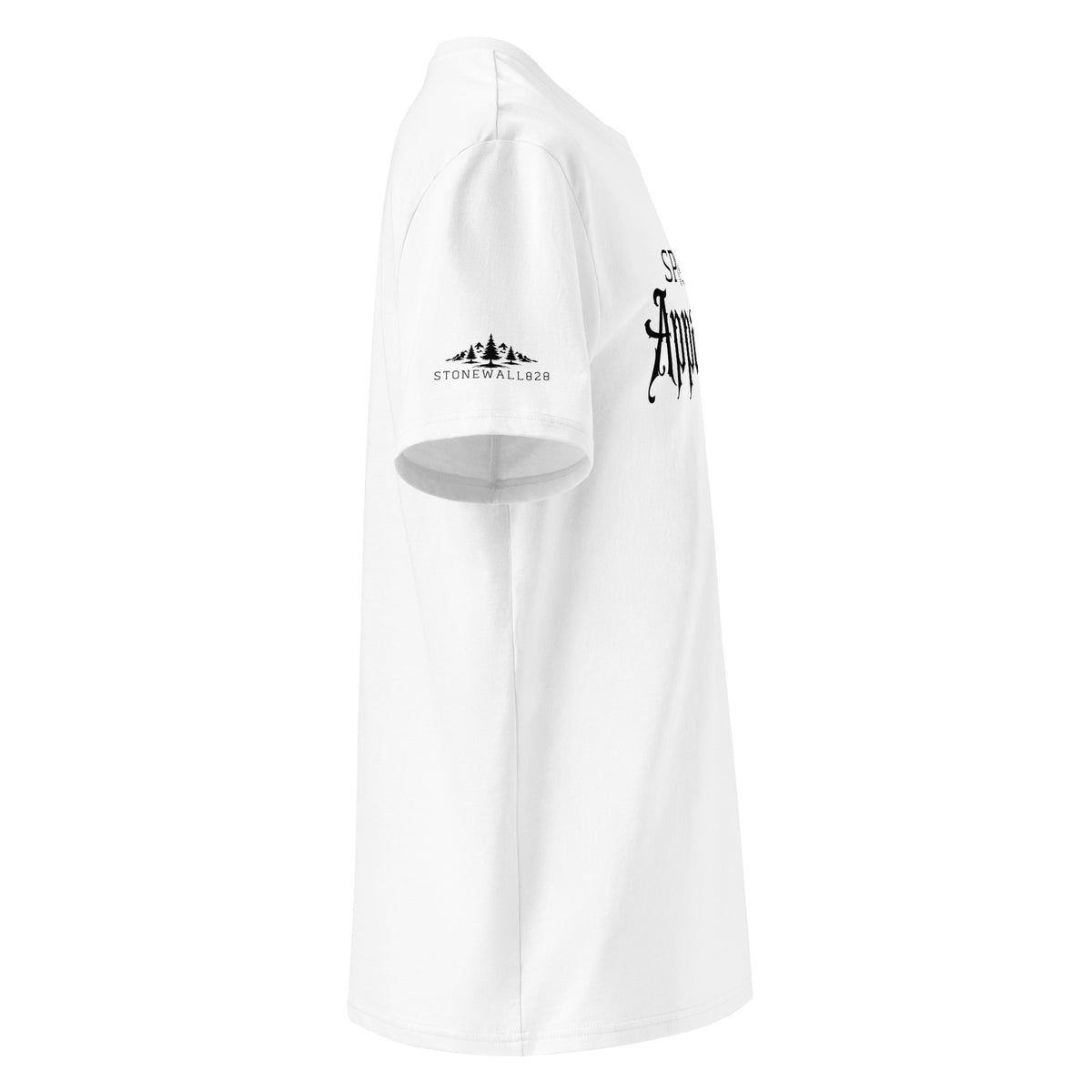 A white short-sleeve t-shirt shown from a side profile view, featuring a black mountain logo and the text 'STOCKERER' on the left sleeve, and a black graphic on the right sleeve.