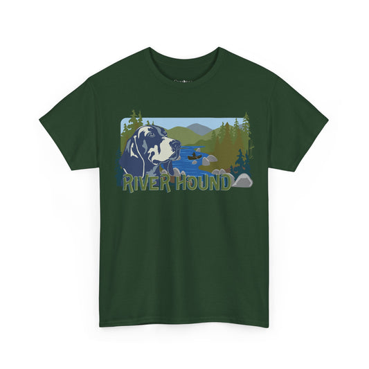 River Hound t-shirt featuring a hound dog with fishing and river scene design inspired by outdoor lifestyle