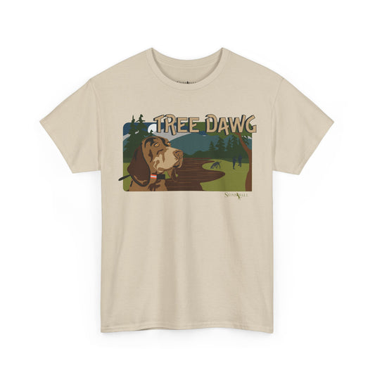 Tree Dawg t-shirt featuring a hound with a tracking collar standing in the woods hunting scene
