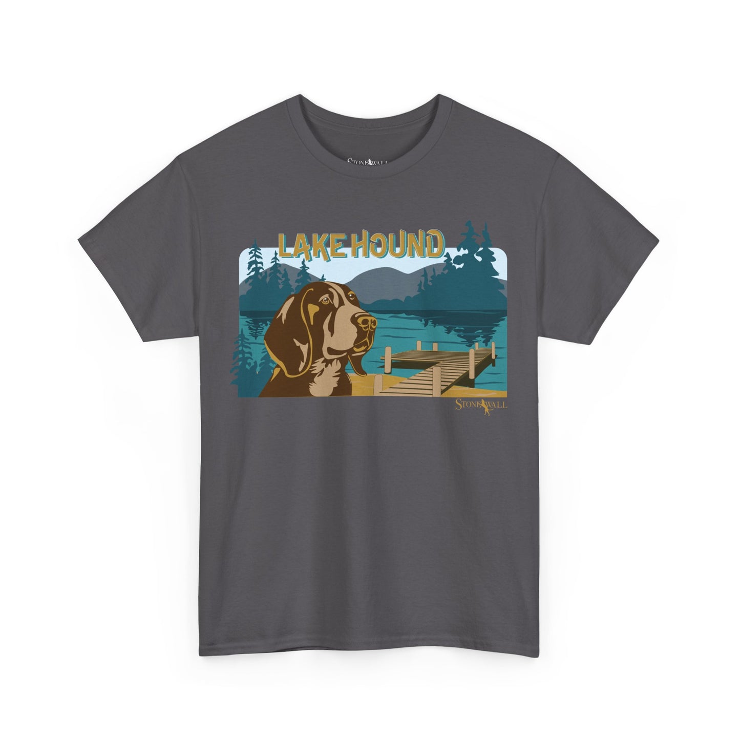 Lake Hound t-shirt featuring a hound dog with a dock and lake scene inspired by fishing and outdoor lifestyle
