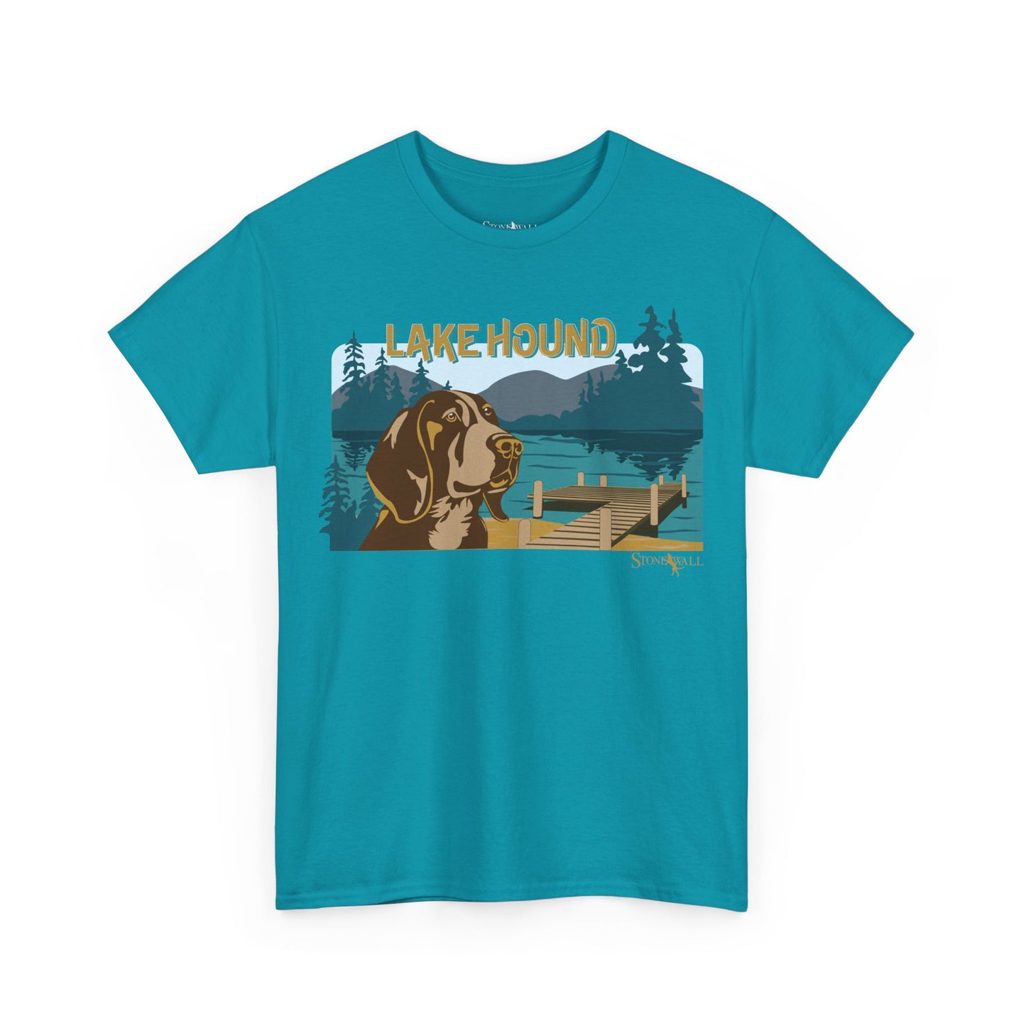 Lake Hound t-shirt featuring a hound dog with a dock and lake scene inspired by fishing and outdoor lifestyle