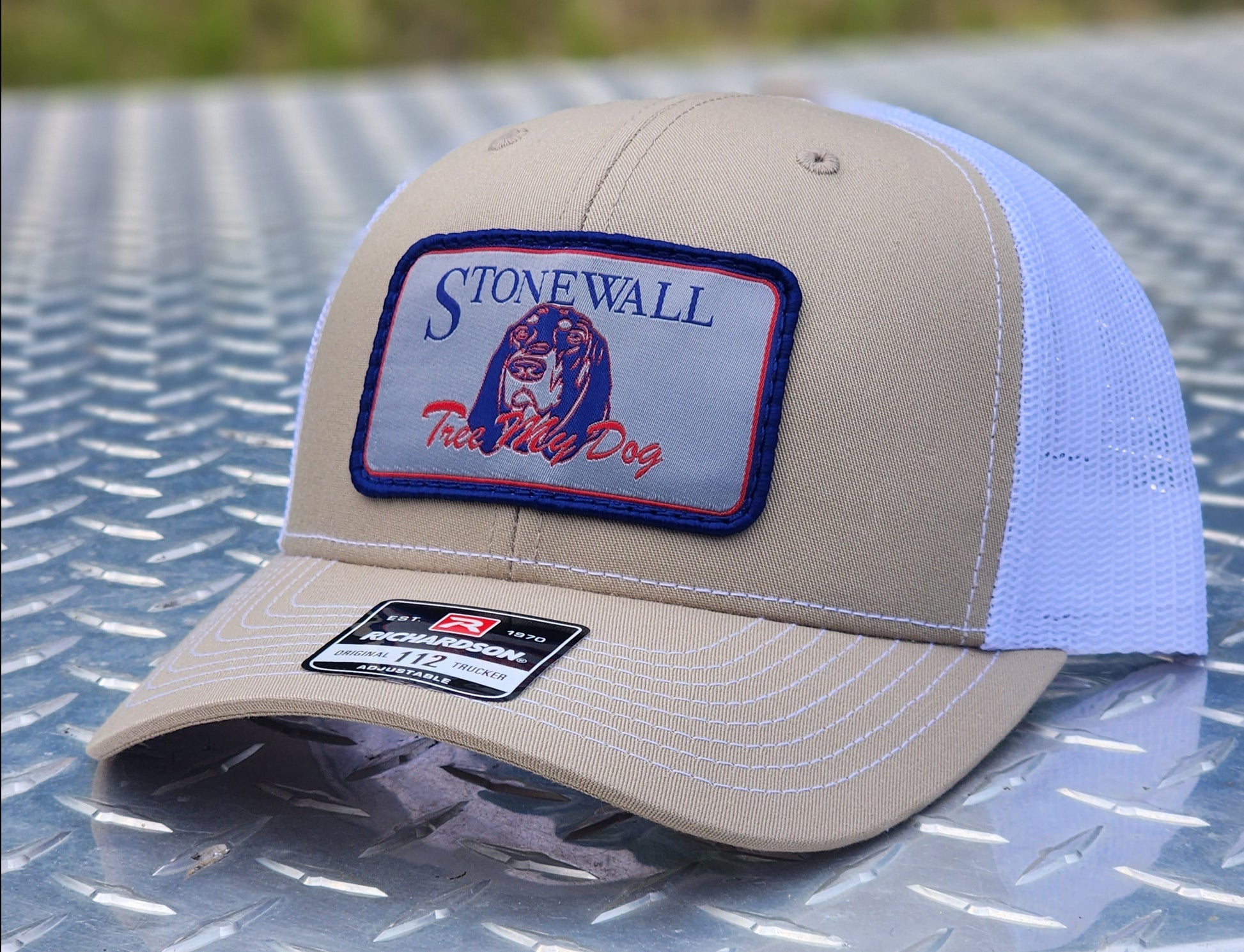 Khaki and white stonewall logo patch hat