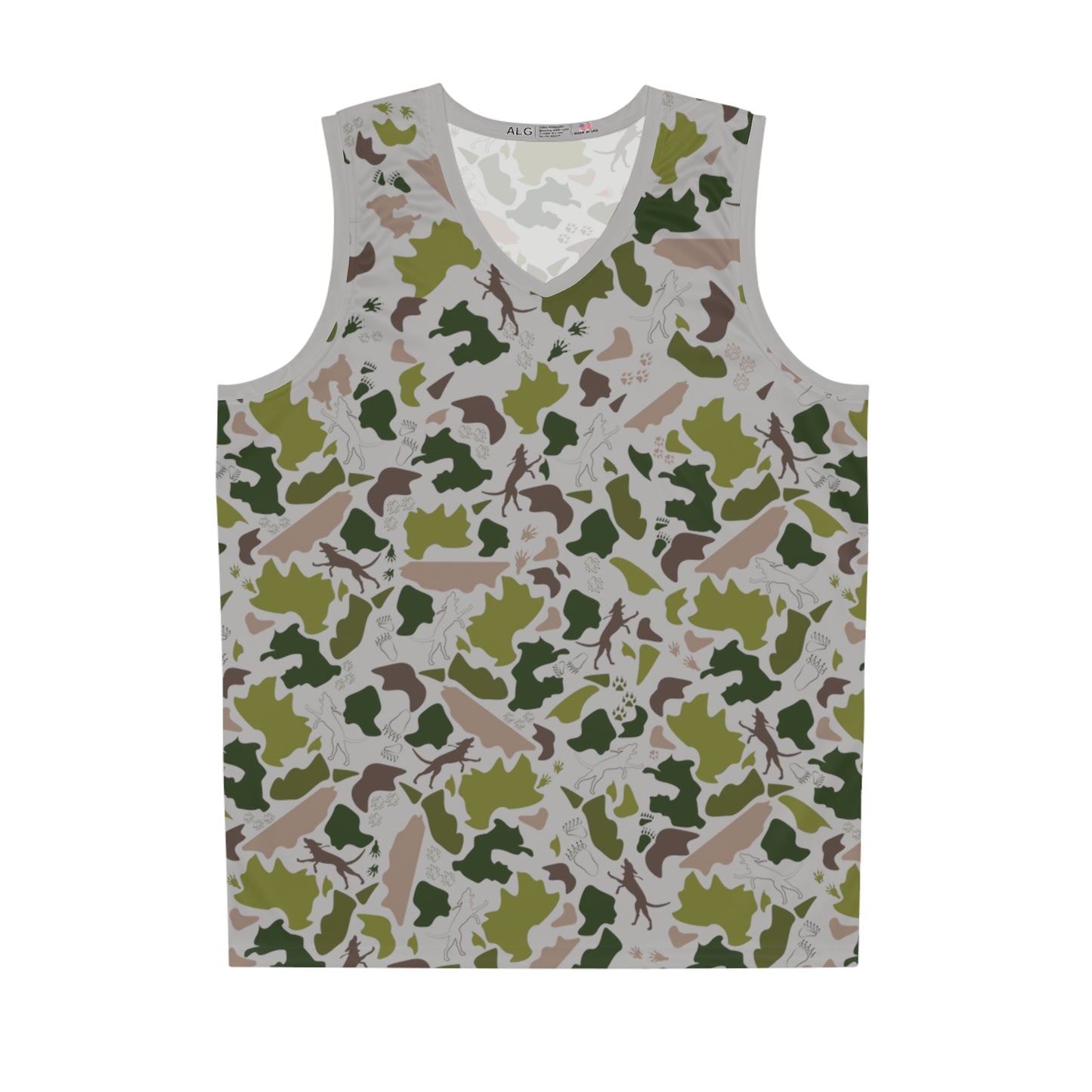 Grey basketball jersey in green and brown camouflage