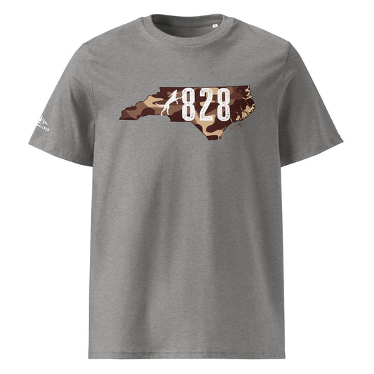 Product mockup, or those who live and hunt west of the Blue Ridge, the numbers "828" aren't just an area code—they represent home, heritage, and some of the finest hunting grounds in the country. The 828 Houndsmen Tee puts that local pride front and center, featuring a sharp camouflage silhouette of North Carolina with the 828 text locked in the middle.