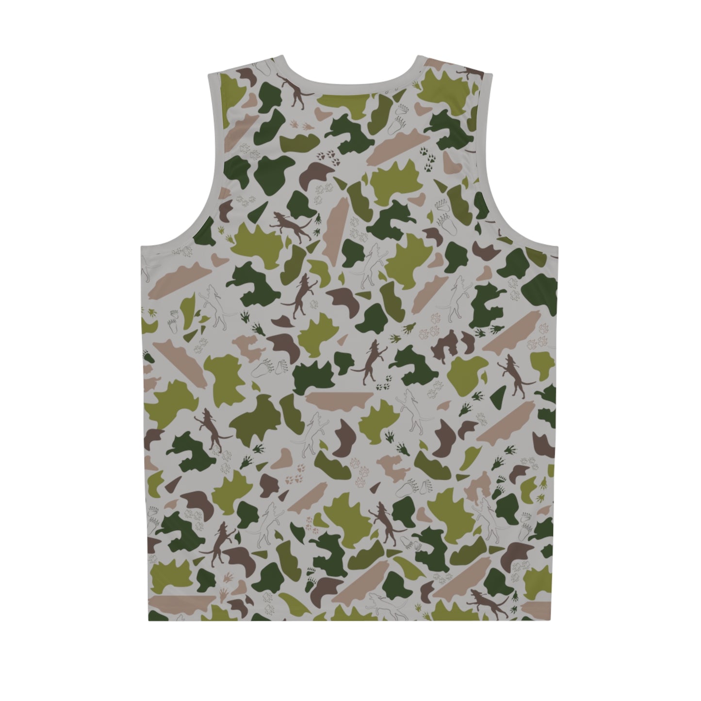 Grey basketball jersey in green and brown camouflage