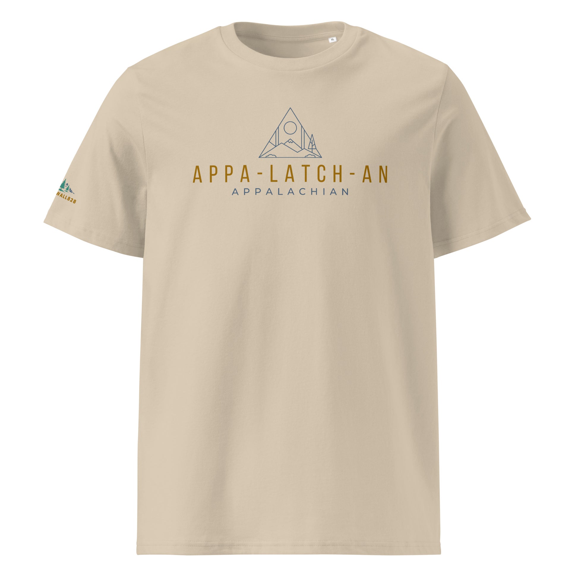 Product mockup. Featuring the phonetic breakdown "App-Latch-An" and the classic "Appalachian" text, this version is anchored by a minimalist triangle badge. Inside the badge, simple line art captures the essence of the Blue Ridge: rolling mountain peaks, a lone standing pine, and a sliver of the moon