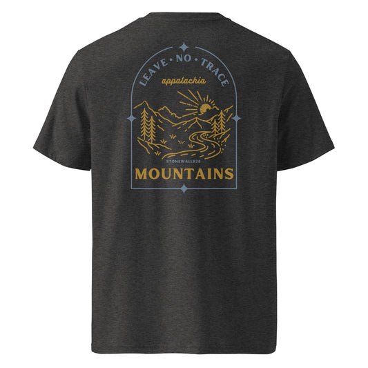 Product mockup, Featuring mountains, sun, creek, and woods, this heritage graphic tee captures the untouched beauty of the Appalachian highlands and the mindset of those who work to keep it that way