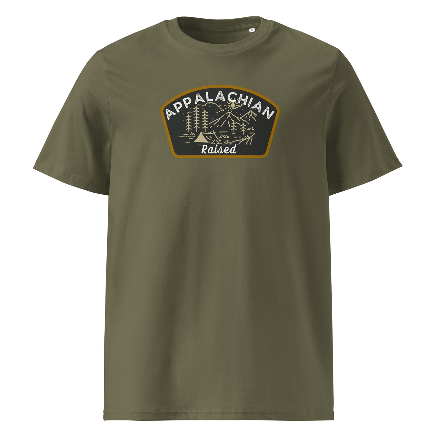 Product mockup. Featuring a clean, minimalist line-art badge, the design beautifully captures the soul of the high country: rolling mountain ridges, a rising sun, endless pine forests, a winding stream, and a solitary tent nestled by the water. Framed by the proud, simple text "Appalachian Raised," it’s a tribute to a lifetime spent under the open sky.