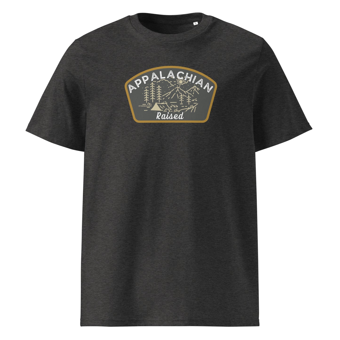 Product mockup. Featuring a clean, minimalist line-art badge, the design beautifully captures the soul of the high country: rolling mountain ridges, a rising sun, endless pine forests, a winding stream, and a solitary tent nestled by the water. Framed by the proud, simple text "Appalachian Raised," it’s a tribute to a lifetime spent under the open sky.