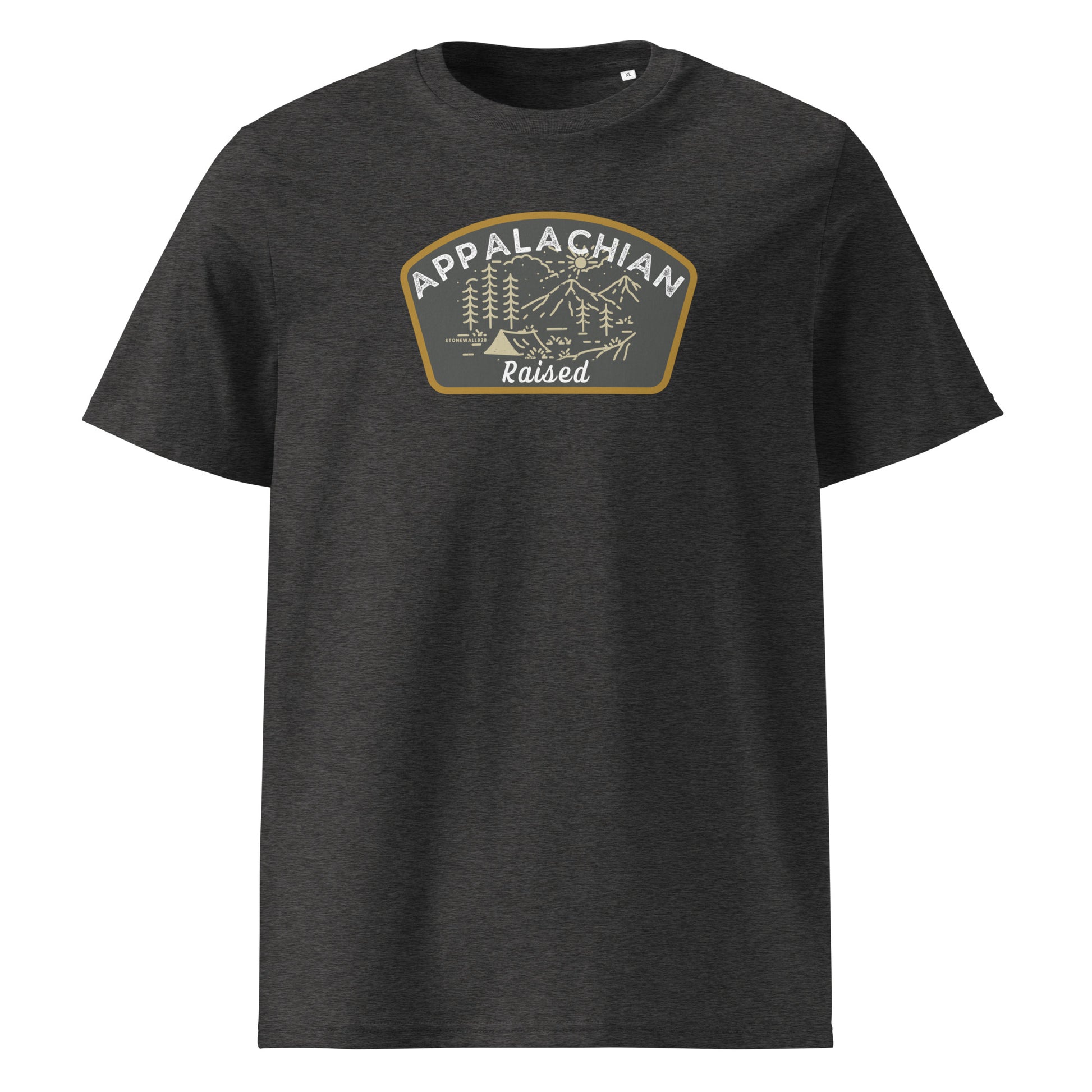Product mockup. Featuring a clean, minimalist line-art badge, the design beautifully captures the soul of the high country: rolling mountain ridges, a rising sun, endless pine forests, a winding stream, and a solitary tent nestled by the water. Framed by the proud, simple text "Appalachian Raised," it’s a tribute to a lifetime spent under the open sky.