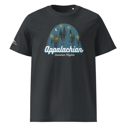 Product mockup, 
Featuring a woodland scene alive with the soft glow of fireflies, this heritage graphic tee captures one of the most magical experiences the Appalachian Mountains have to offer.