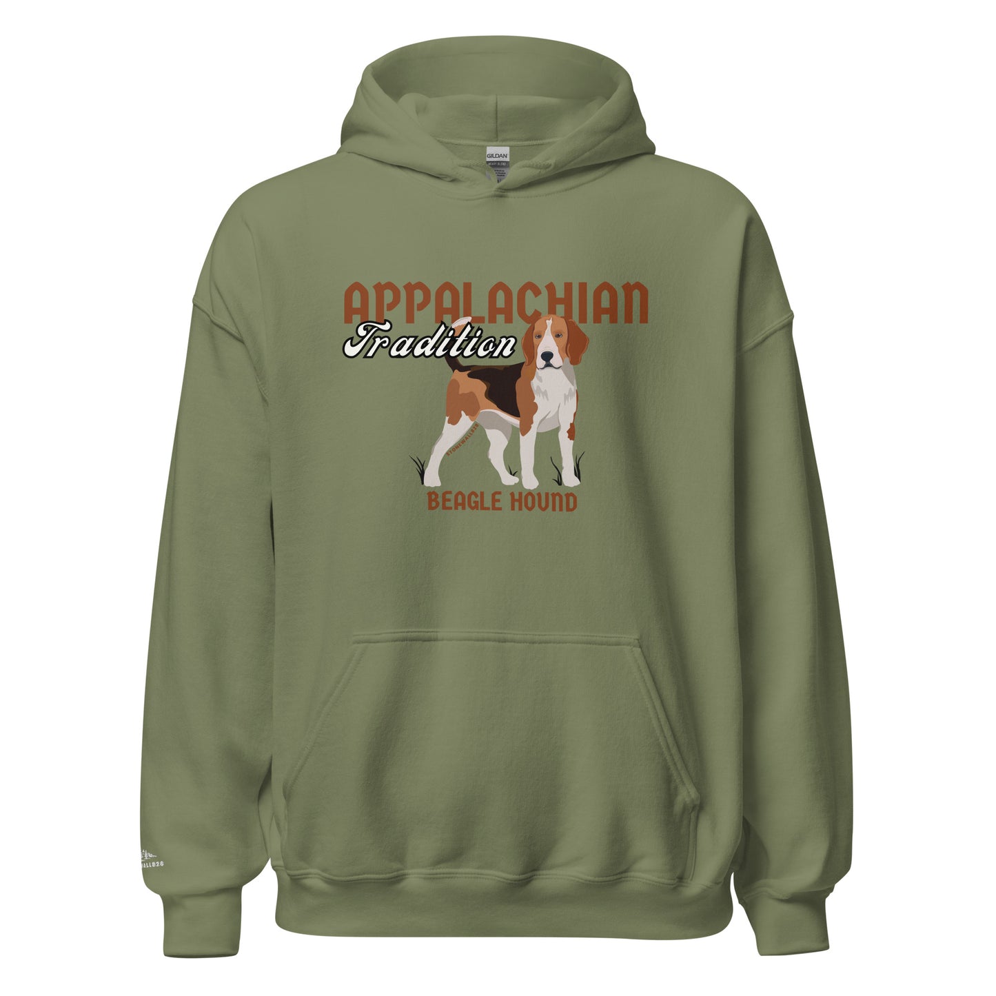 Product mockup. Featuring our signature Stonewall828 logo on the front and a sharp, focused Beagle hound on the back alongside the text "Appalachian Tradition," this hoodie celebrates the grit, the determination, and the joyful spirit of one of the mountains' finest rabbit dogs. It’s built for the houndsmen and women who know that great things come in compact packages, and that nothing beats the thrill of the chase.