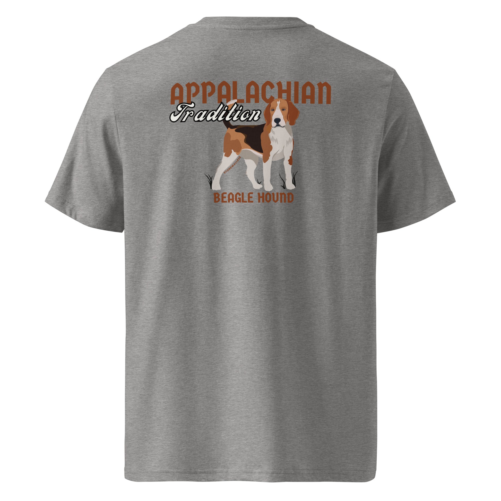Product mockup, Featuring our signature Stonewall828 logo on the front and a sharp, focused Beagle hound on the back alongside the text "Appalachian Tradition," this tee celebrates the grit, the determination, and the joyful spirit of one of the mountains' finest rabbit dogs.