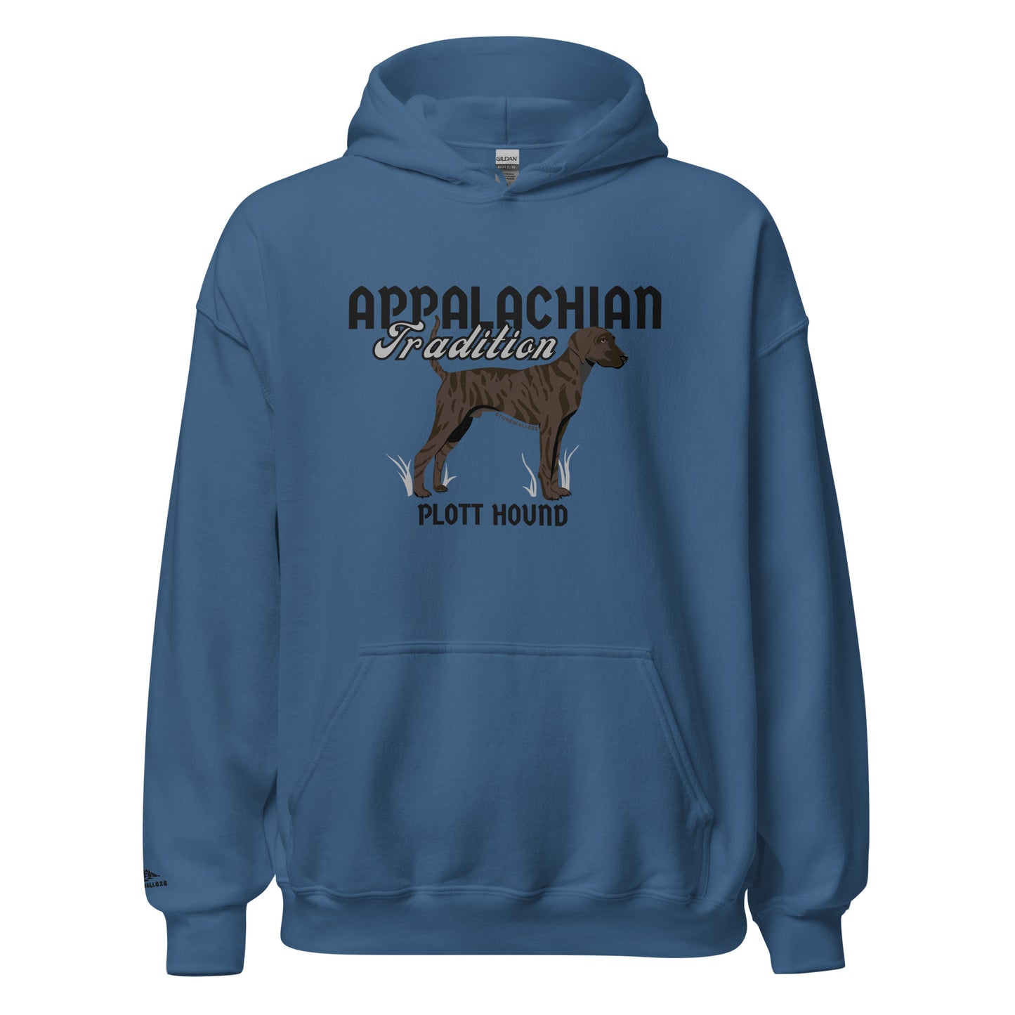 Product mockup. Featuring our signature Stonewall828 logo on the front and a powerful dark brindle Plott Hound on the back alongside the text "Appalachian Tradition," this hoodie pays homage to the official state dog of NC and the houndsmen who keep this fierce, loyal legacy alive. It’s built for those who respect the grit, the stamina, and the deep-rooted heritage of the mountain brindle.