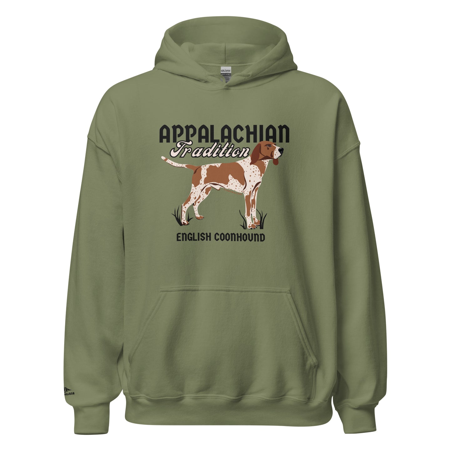 Product mockup. Featuring our signature Stonewall828 logo on the front and a proud English Coonhound on the back alongside the text "Appalachian Tradition," this hoodie pays tribute to a breed built for the tightest tracks and the steepest mountain ridges. It’s designed for the houndsmen and women who appreciate a dog with unmatched drive and a voice that can cut through the thickest mountain fog.