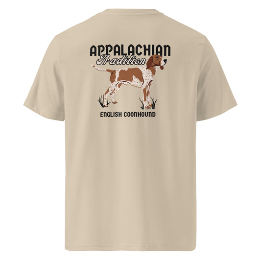 Product mockup, Featuring our signature Stonewall828 logo on the front and a proud English Coonhound on the back alongside the text "Appalachian Tradition," this tee pays tribute to a breed built for the tightest tracks and the steepest mountain ridges.