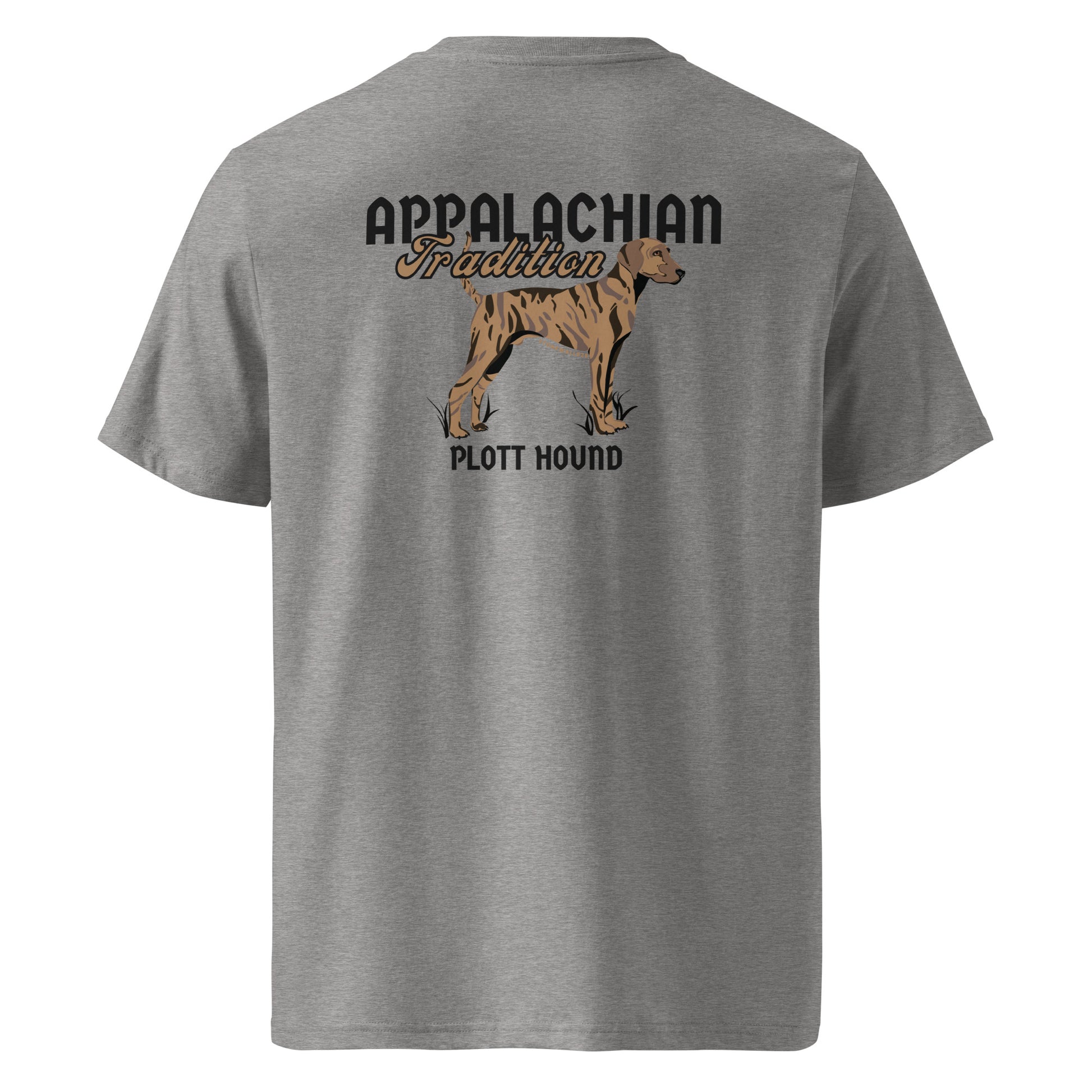 Product mockup, Featuring our signature Stonewall828 logo on the front and a proud light brindle Plott Hound on the back alongside the text "Appalachian Tradition," this tee celebrates the official state dog of North Carolina and the deep-rooted mountain heritage they carry.