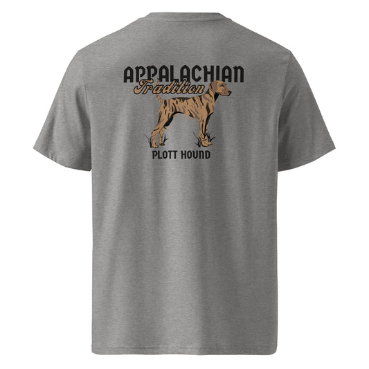 Product mockup, Featuring our signature Stonewall828 logo on the front and a proud light brindle Plott Hound on the back alongside the text "Appalachian Tradition," this tee celebrates the official state dog of North Carolina and the deep-rooted mountain heritage they carry.
