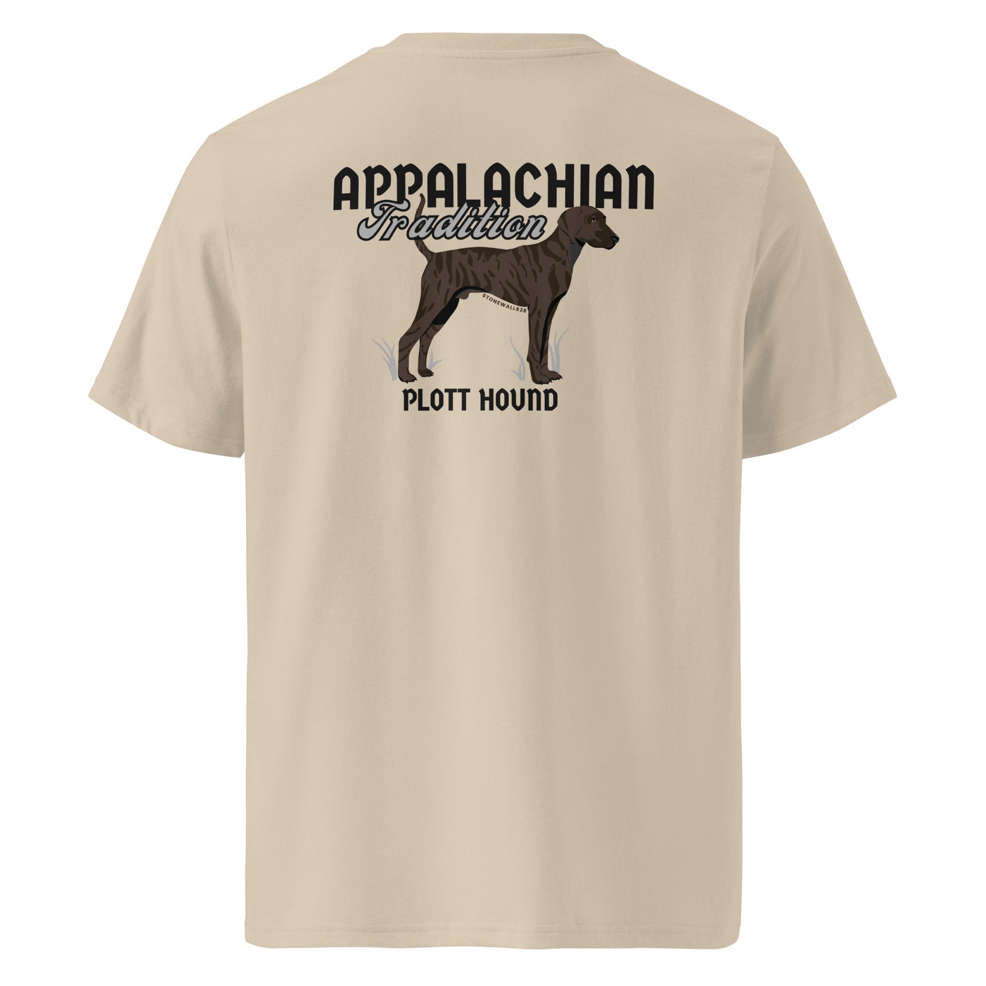 Product mockup, Featuring our signature Stonewall828 logo on the front and a powerful dark brindle Plott Hound on the back alongside the text "Appalachian Tradition," this tee pays homage to the official state dog of NC