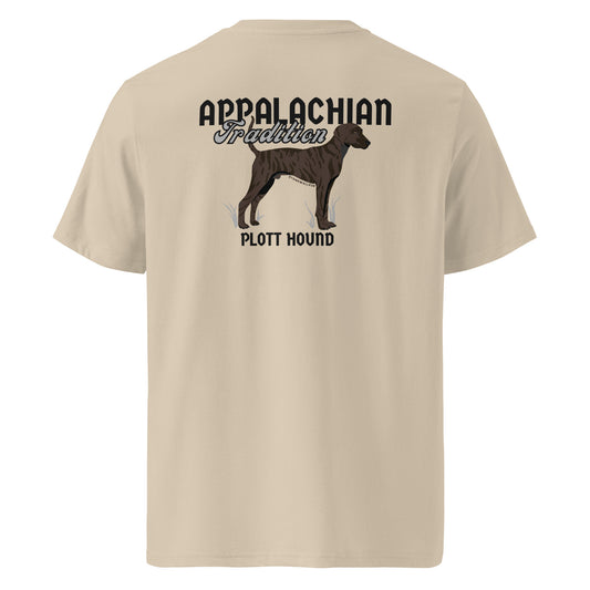 Product mockup, Featuring our signature Stonewall828 logo on the front and a powerful dark brindle Plott Hound on the back alongside the text "Appalachian Tradition," this tee pays homage to the official state dog of NC