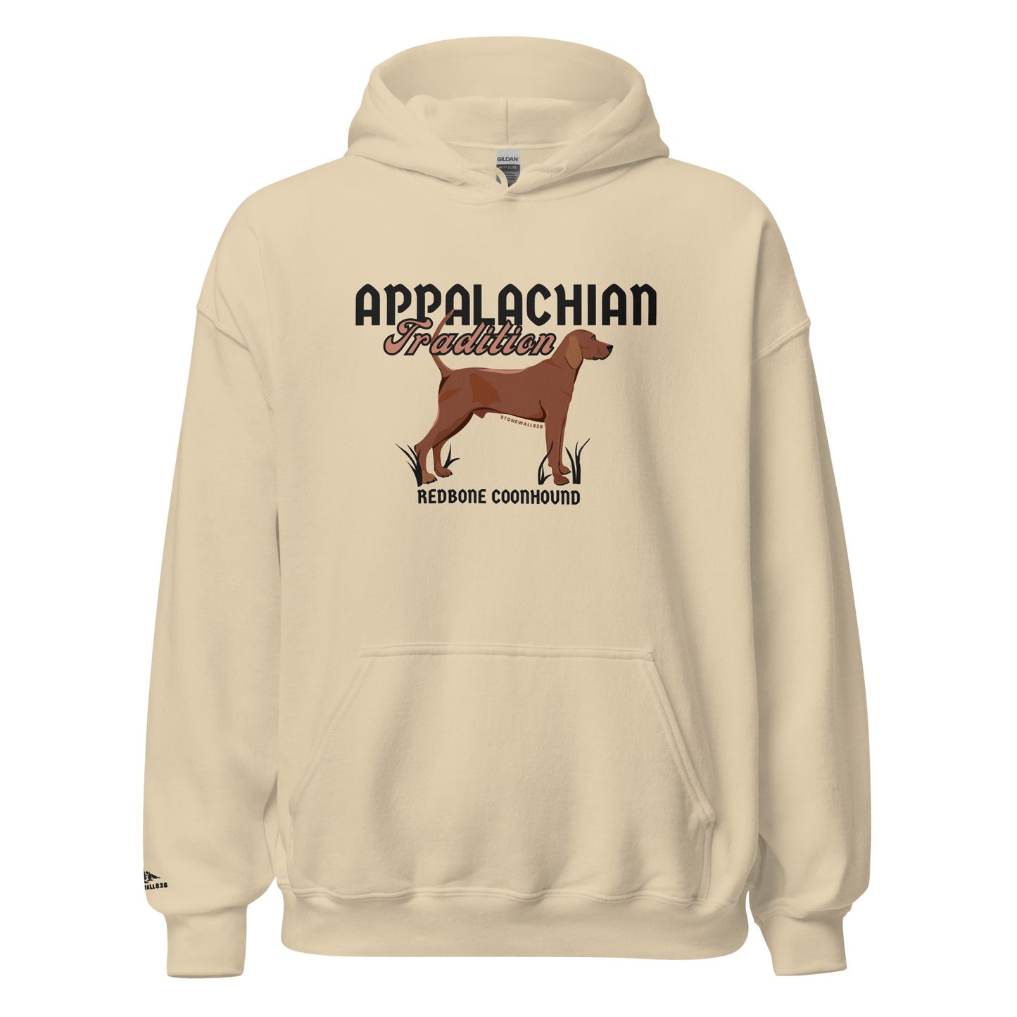 Product mockup. Featuring our signature Stonewall828 logo on the front and a striking Redbone Coonhound on the back alongside the text "Appalachian Tradition," this hoodie celebrates a legendary breed and a timeless mountain legacy. It’s a badge of honor for the houndsmen and women who know that when it comes to grit, drive, and loyalty, nothing beats a red dog.