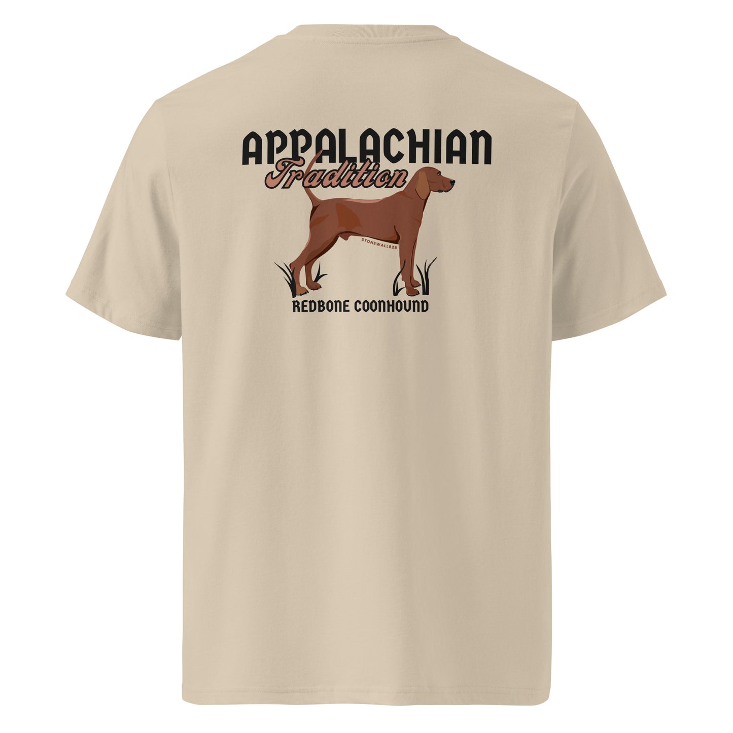 Product mockup, Featuring our signature Stonewall828 logo on the front and a striking Redbone Coonhound on the back alongside the text "Appalachian Tradition," this tee celebrates a legendary breed and a timeless mountain legacy.