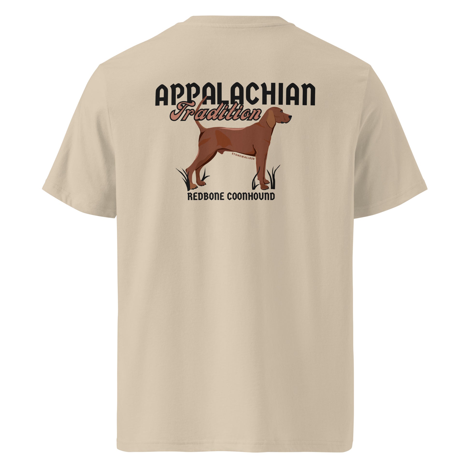 Product mockup, Featuring our signature Stonewall828 logo on the front and a striking Redbone Coonhound on the back alongside the text "Appalachian Tradition," this tee celebrates a legendary breed and a timeless mountain legacy.