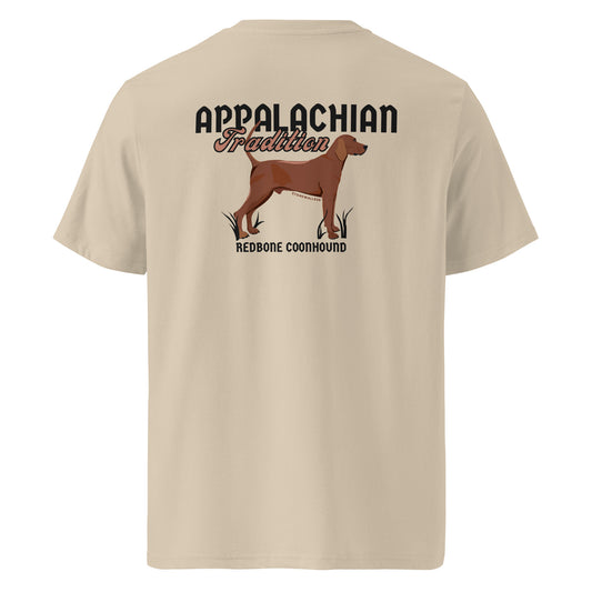 Product mockup, Featuring our signature Stonewall828 logo on the front and a striking Redbone Coonhound on the back alongside the text "Appalachian Tradition," this tee celebrates a legendary breed and a timeless mountain legacy.
