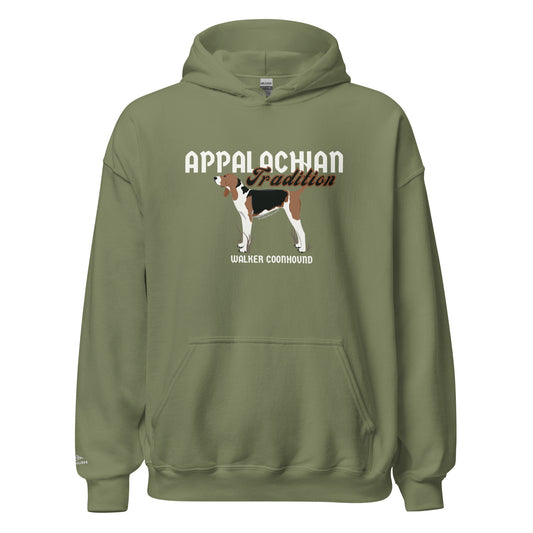 Product mockup. Featuring our signature Stonewall828 logo on the front and a proud Treeing Walker Coonhound on the back alongside the text "Appalachian Tradition," this tee honors a way of life passed down through generations. It’s a tribute to the dogs that don't quit and the folks who follow them into the deep woods.