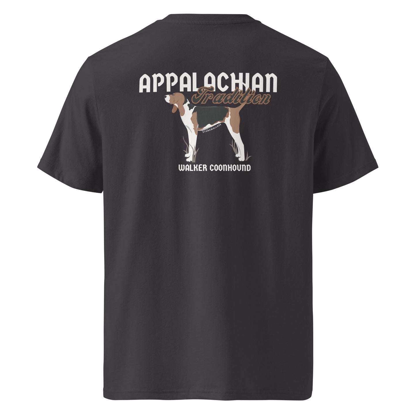Product mockup, Featuring our signature Stonewall828 logo on the front and a proud Treeing Walker Coonhound on the back alongside the text "Appalachian Tradition," this tee honors a way of life passed down through generations.