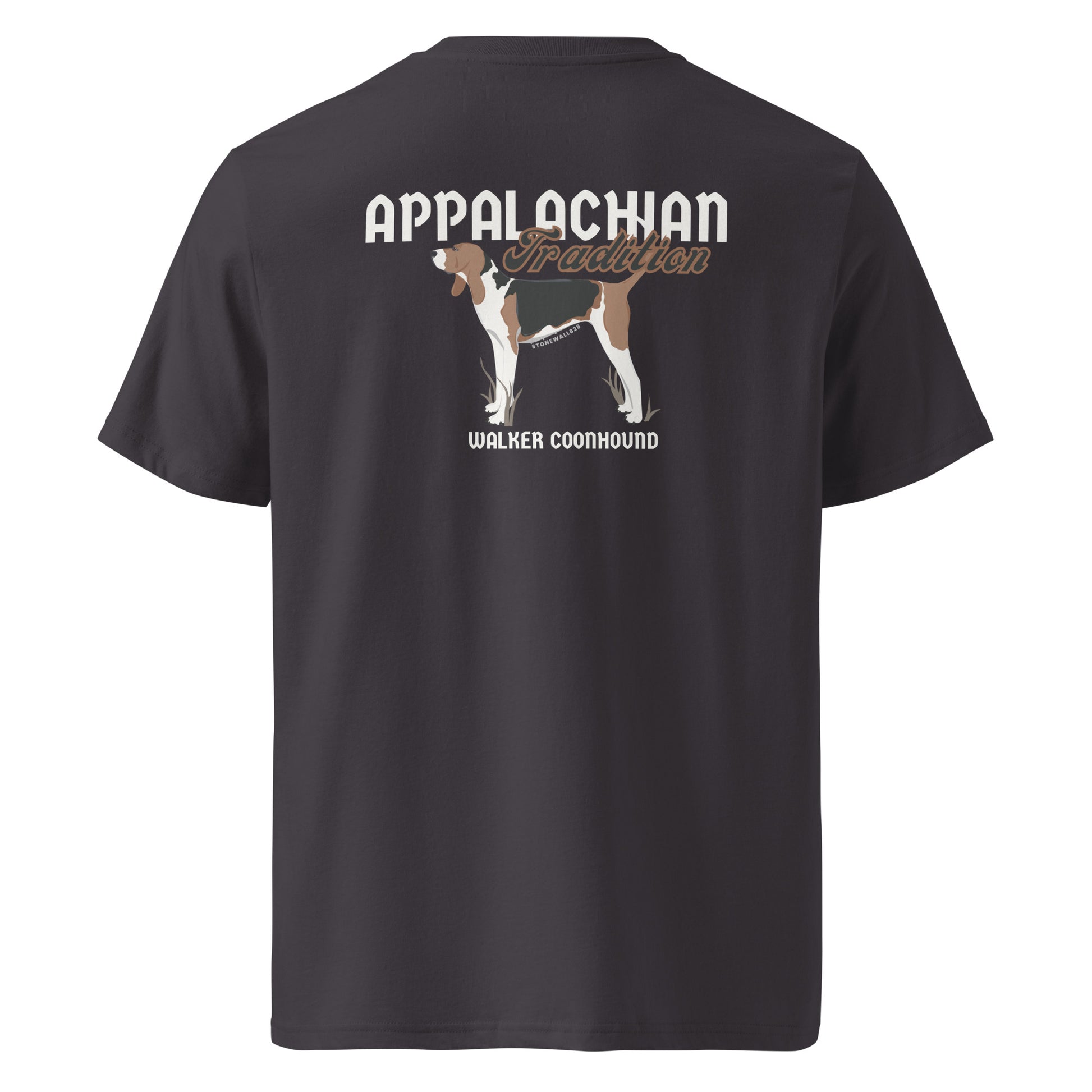 Product mockup, Featuring our signature Stonewall828 logo on the front and a proud Treeing Walker Coonhound on the back alongside the text "Appalachian Tradition," this tee honors a way of life passed down through generations.