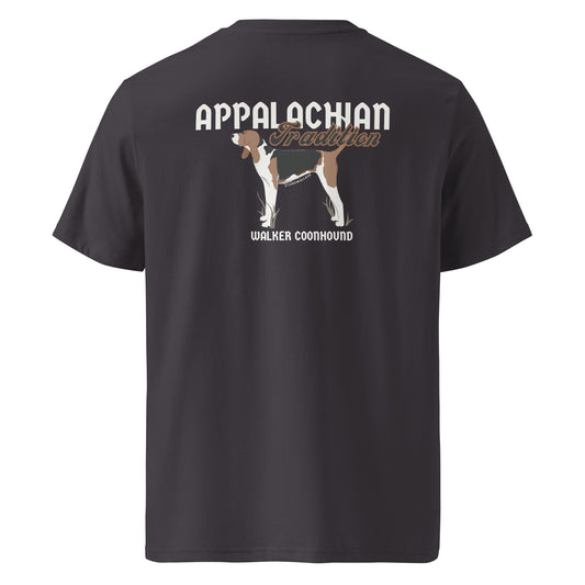 Product mockup, Featuring our signature Stonewall828 logo on the front and a proud Treeing Walker Coonhound on the back alongside the text "Appalachian Tradition," this tee honors a way of life passed down through generations.