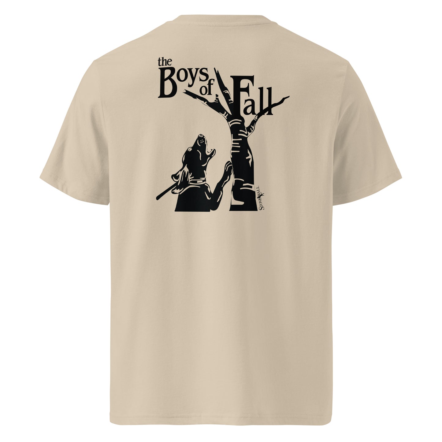 Product mockup, The Boys of Fall Tee captures that peak seasonal anticipation. Featuring our signature Stonewall828 logo on the front and a striking back design of a hound silhouette locked on a weathered, dead tree, it proudly displays the text "Boys of Fall."