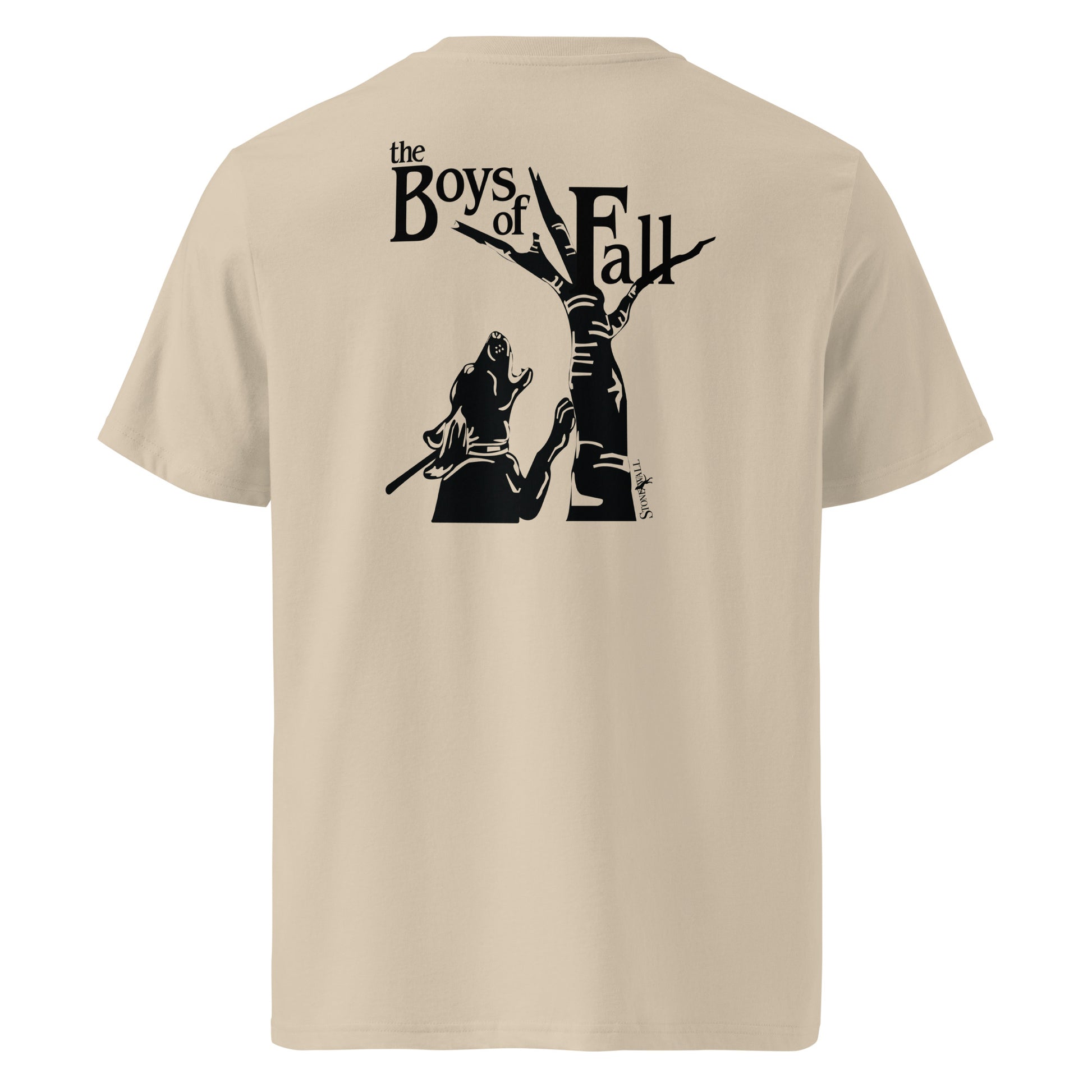 Product mockup, The Boys of Fall Tee captures that peak seasonal anticipation. Featuring our signature Stonewall828 logo on the front and a striking back design of a hound silhouette locked on a weathered, dead tree, it proudly displays the text "Boys of Fall."