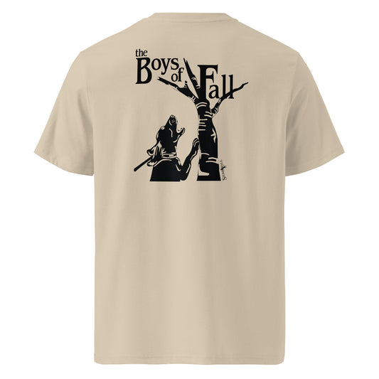 Product mockup, The Boys of Fall Tee captures that peak seasonal anticipation. Featuring our signature Stonewall828 logo on the front and a striking back design of a hound silhouette locked on a weathered, dead tree, it proudly displays the text "Boys of Fall."