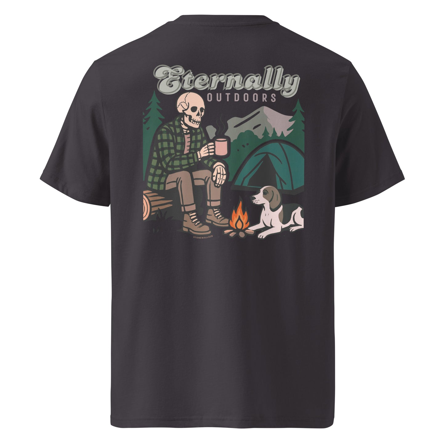 Product mockup. The front keeps it classic with our signature Stonewall828 logo over the chest. Flip it around, and the back design reveals a skeleton kicked back at an absolute dream campsite, cradling a hot mug of coffee alongside a loyal hound. Surrounded by a cozy tent and a crackling campfire, the scene is beautifully framed by dense pine forests and rolling Appalachian mountain ridges. Completed with the bold, retro text "Eternally Outdoors," it’s a nod to a lifestyle that never dies.