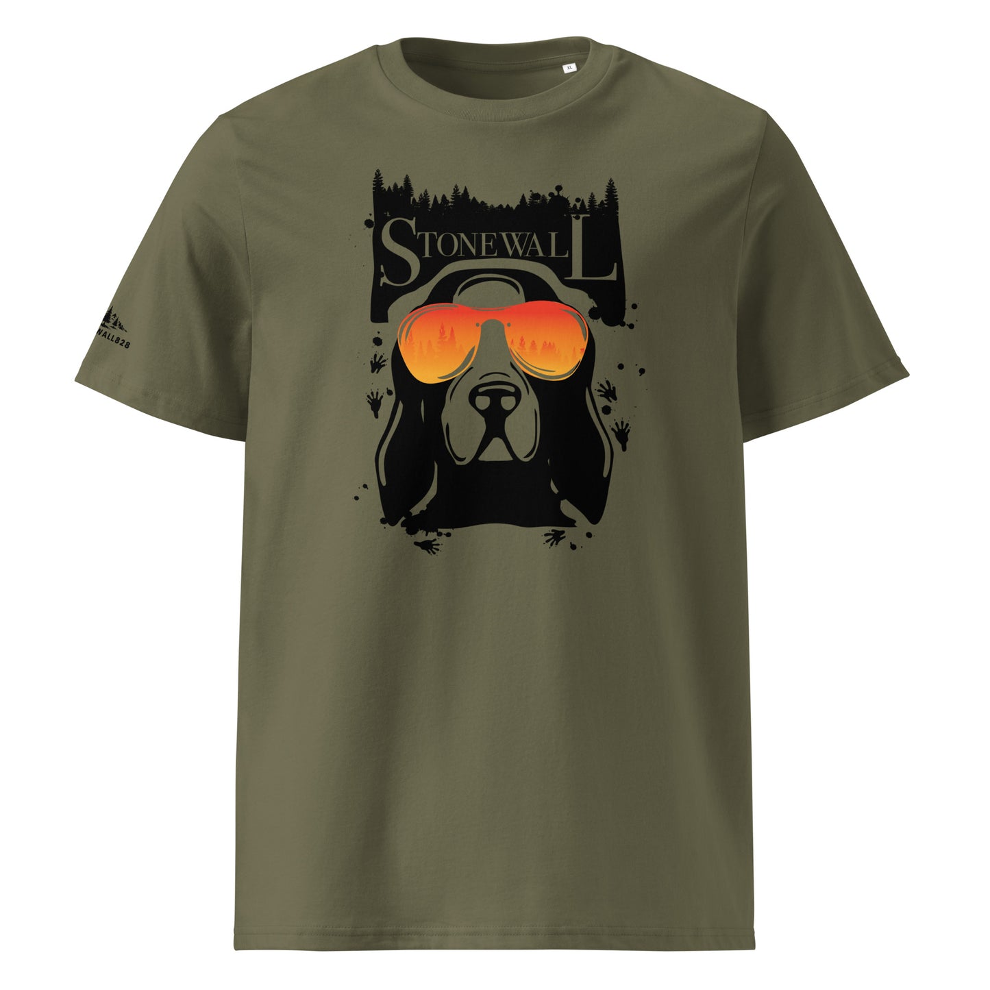 Product mockup. The Funky Hound Tee brings a fresh, vibrant spin to the deep woods lifestyle. Featuring a striking hound silhouette framed by mountain pines and walking raccoon tracks, this design locks in the ultimate details—literally. Look closely at those colored sunglasses, and you’ll see the reflection of the Appalachian woods staring right back.